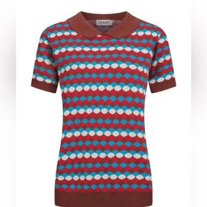 OXKNIT retro polo short-Sleeve Patterned Sweater in Burgundy, Teal & Cream XL